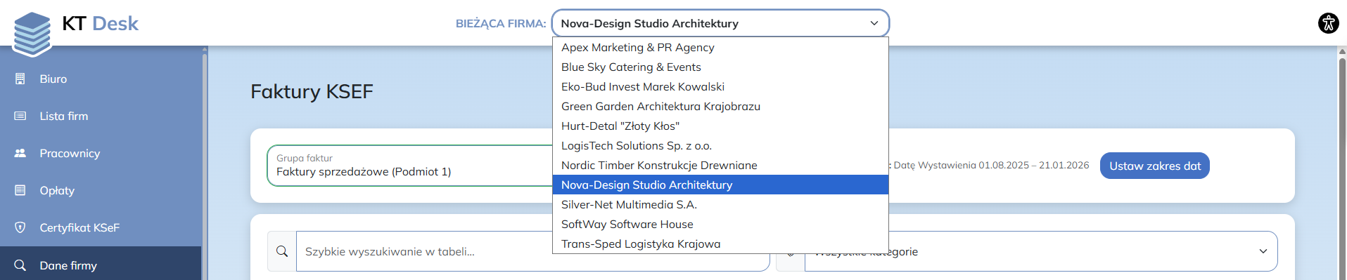 Wybór firmy z górnego paska